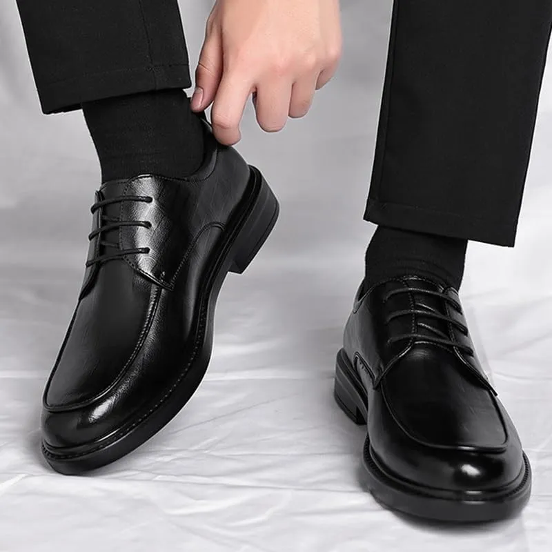 Men's Genuine Leather Oxford Shoes - Retro Pointed Toe Chunky Heel Non-Slip Business Dress Shoes for Formal Occasions