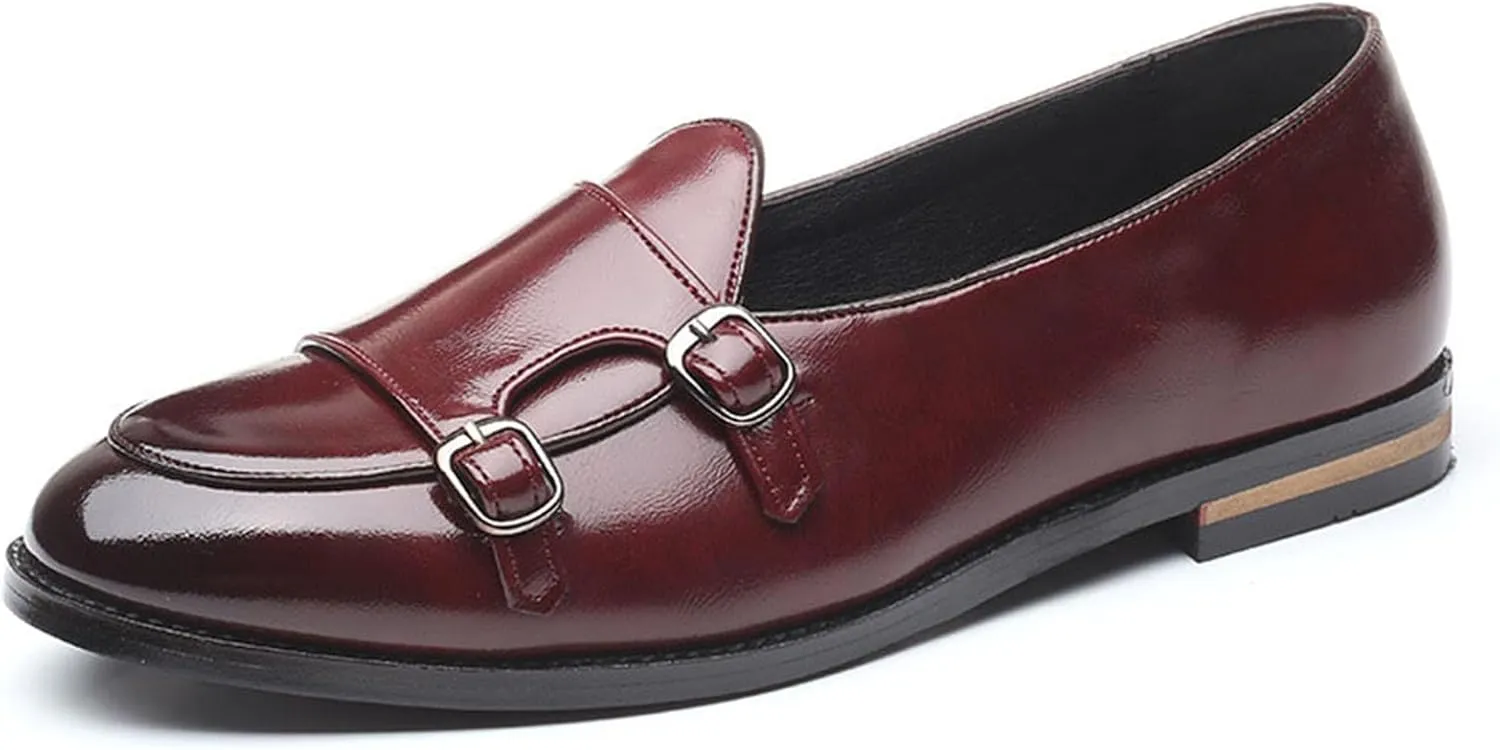 Mens Loafers Double Monk Strap Slip-On Patent Leather Shoes for Men Men's PU Leather Shoes Casual