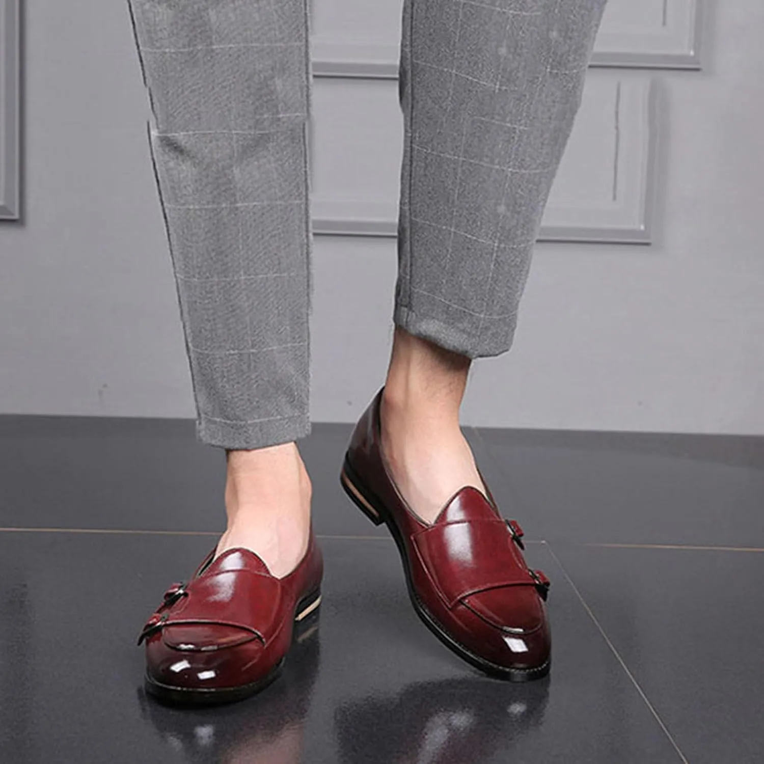 Mens Loafers Double Monk Strap Slip-On Patent Leather Shoes for Men Men's PU Leather Shoes Casual