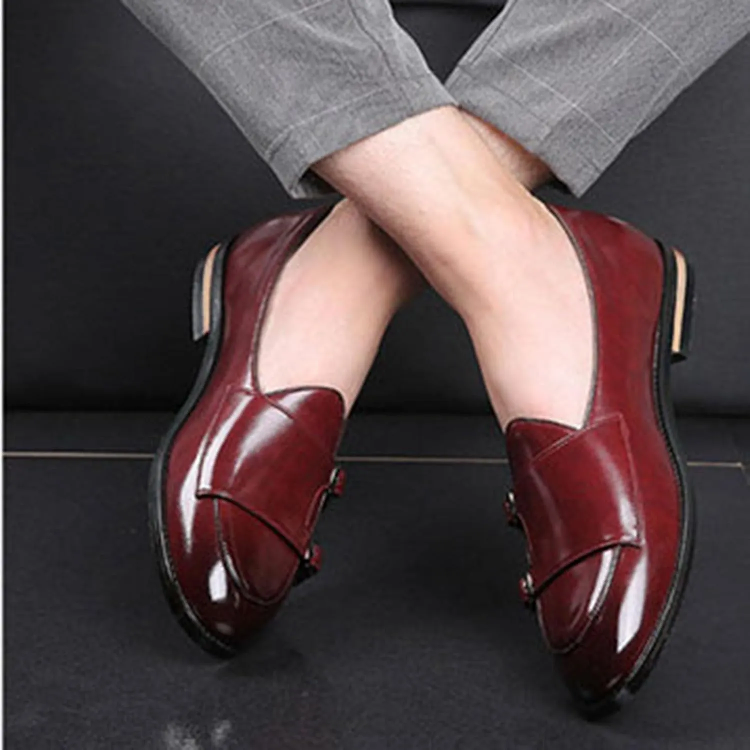 Mens Loafers Double Monk Strap Slip-On Patent Leather Shoes for Men Men's PU Leather Shoes Casual