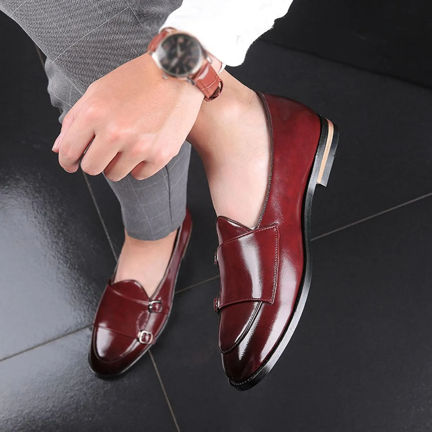 Mens Loafers Double Monk Strap Slip-On Patent Leather Shoes for Men Men's PU Leather Shoes Casual