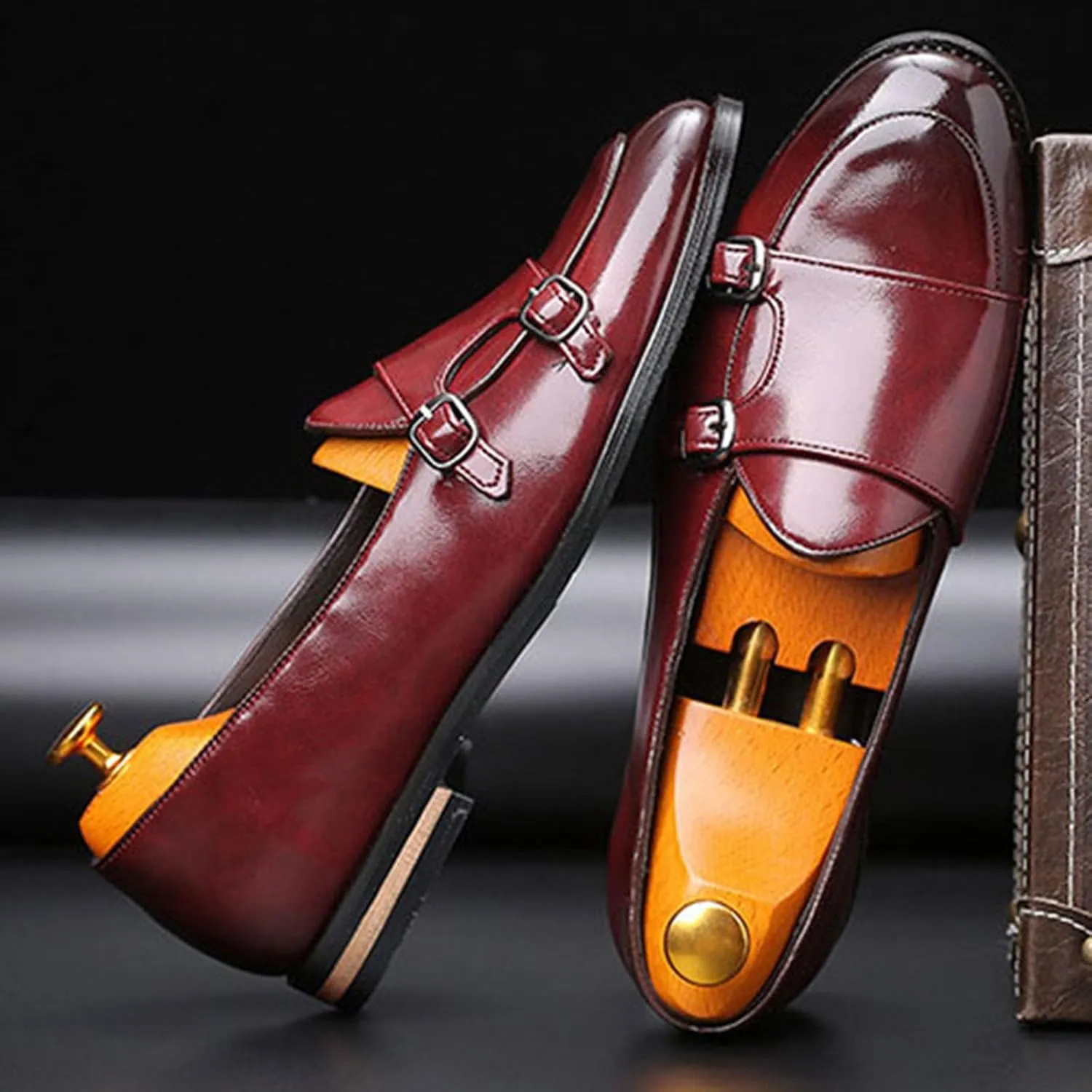 Mens Loafers Double Monk Strap Slip-On Patent Leather Shoes for Men Men's PU Leather Shoes Casual