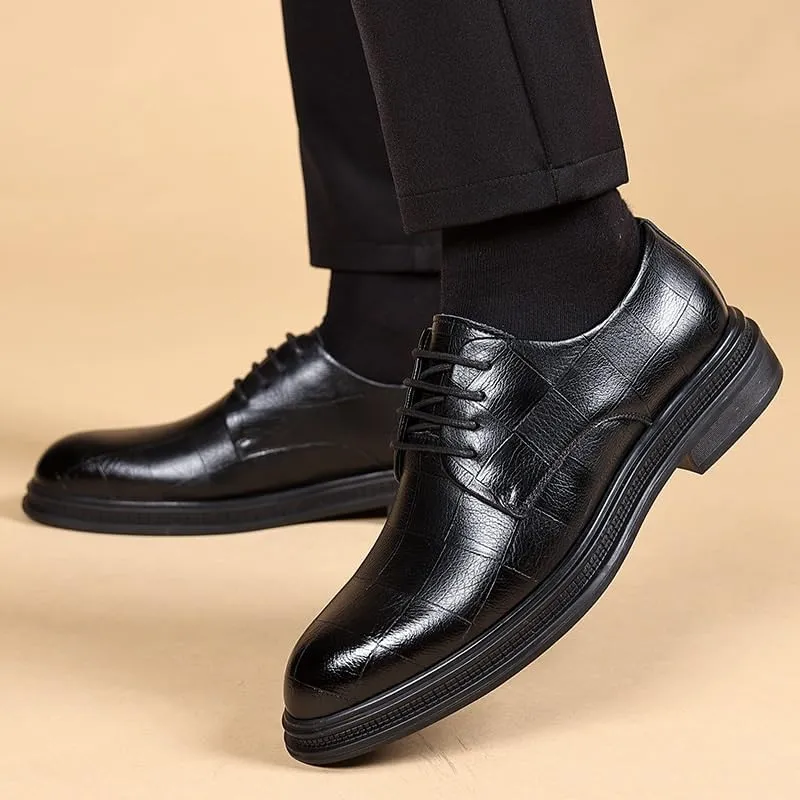 Men's Retro Pointed Toe Chunky Heel Non-Slip Oxford Dress Shoes - Genuine Leather Business Footwear for Men
