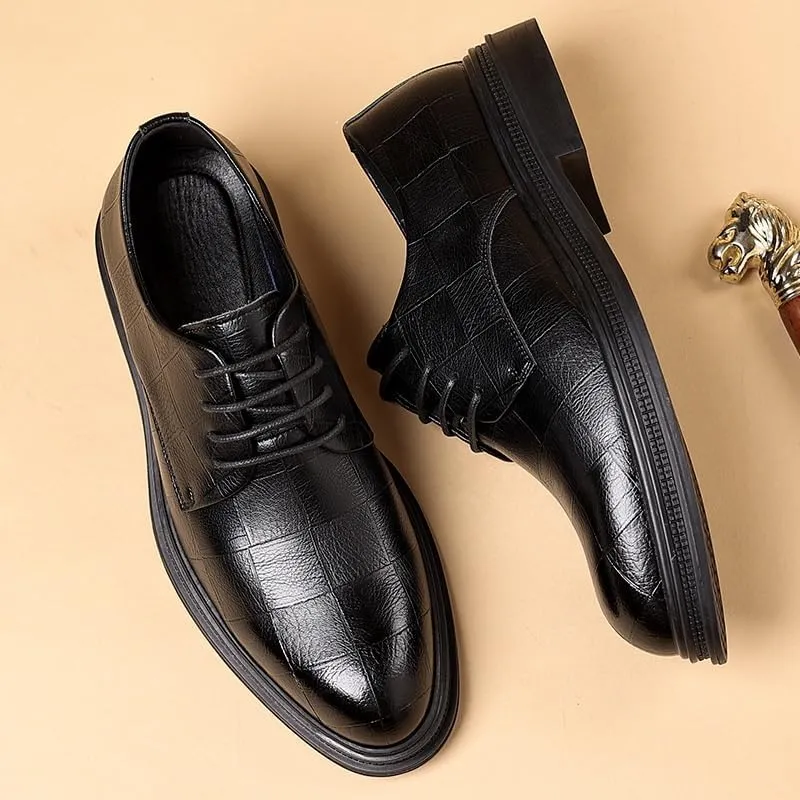 Men's Retro Pointed Toe Chunky Heel Non-Slip Oxford Dress Shoes - Genuine Leather Business Footwear for Men