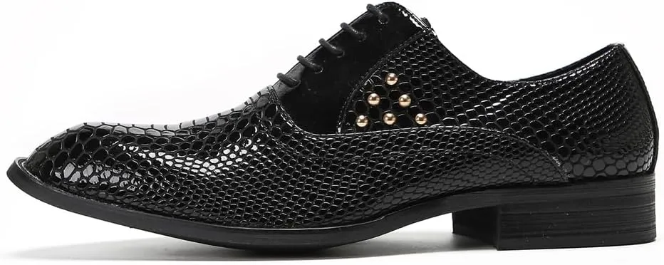 Men's Wingtip Oxfords Patent Leather Oxford Dress Shoes Snake Pattern with Gold Studded Detail Fashion Business Tuxedo Wedding Prom Shoes