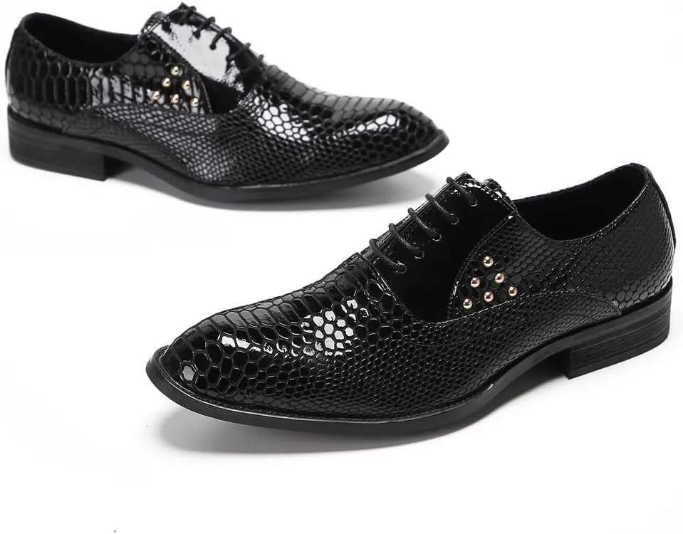 Men's Wingtip Oxfords Patent Leather Oxford Dress Shoes Snake Pattern with Gold Studded Detail Fashion Business Tuxedo Wedding Prom Shoes