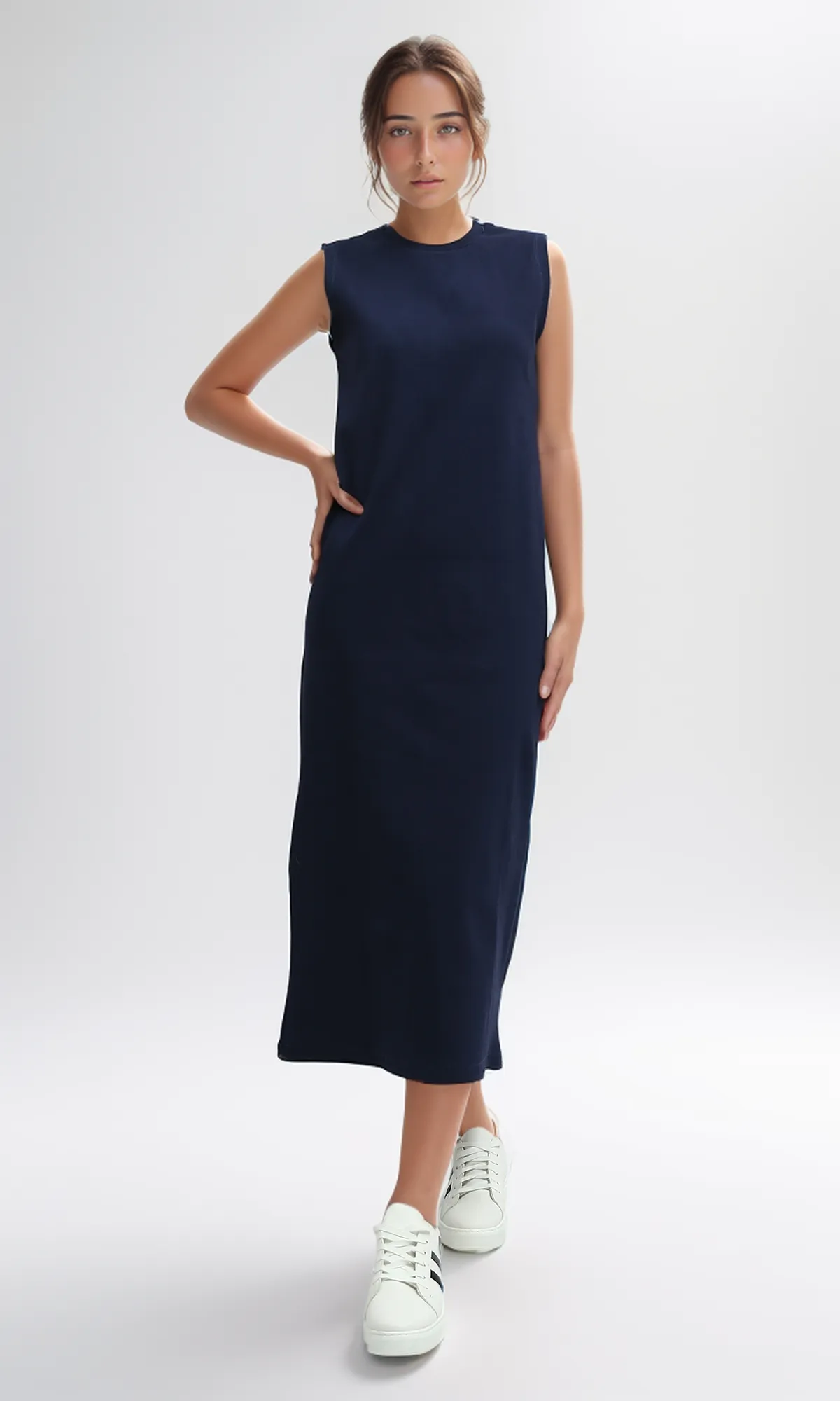O198525  Slip On Casual Navy Blue Midi Dress