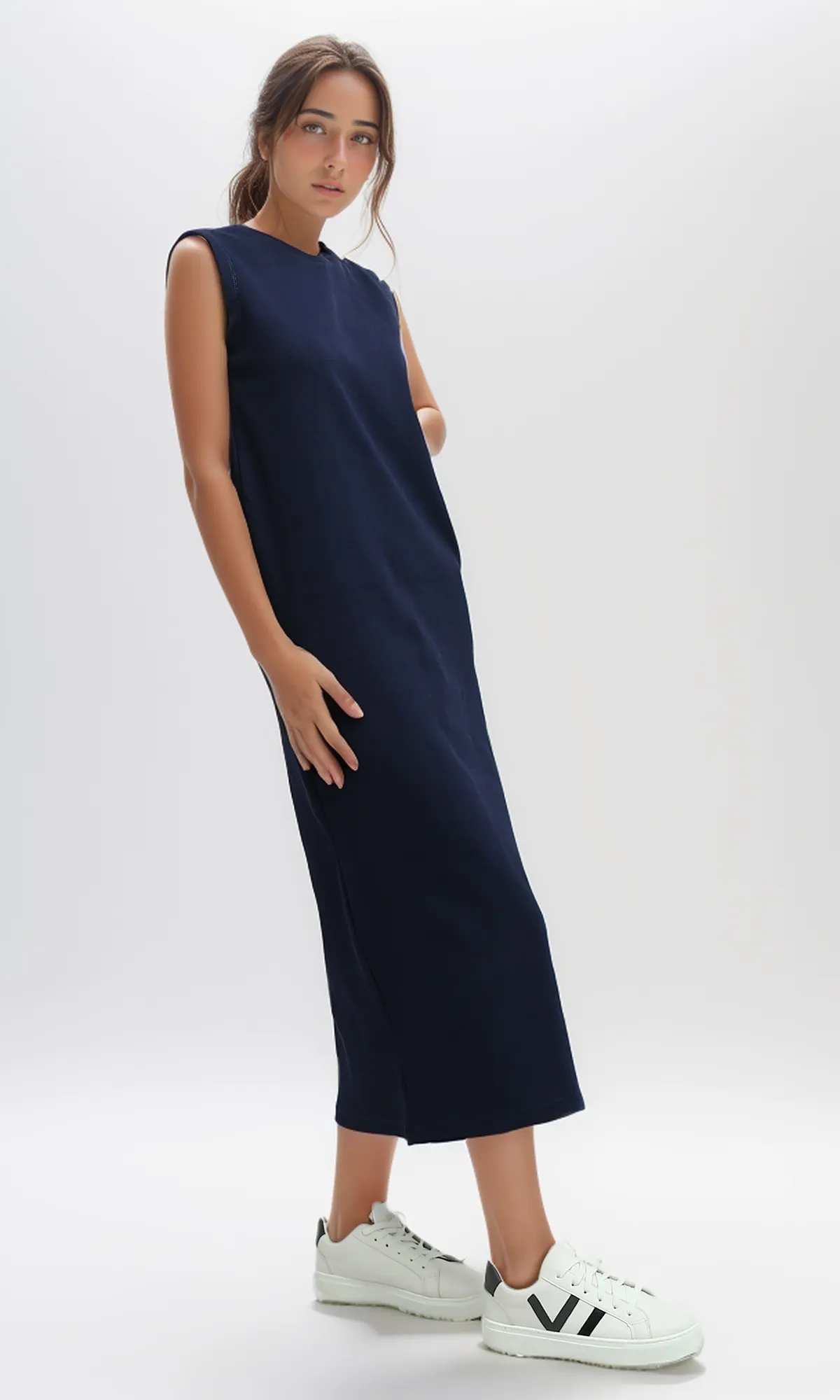 O198525  Slip On Casual Navy Blue Midi Dress