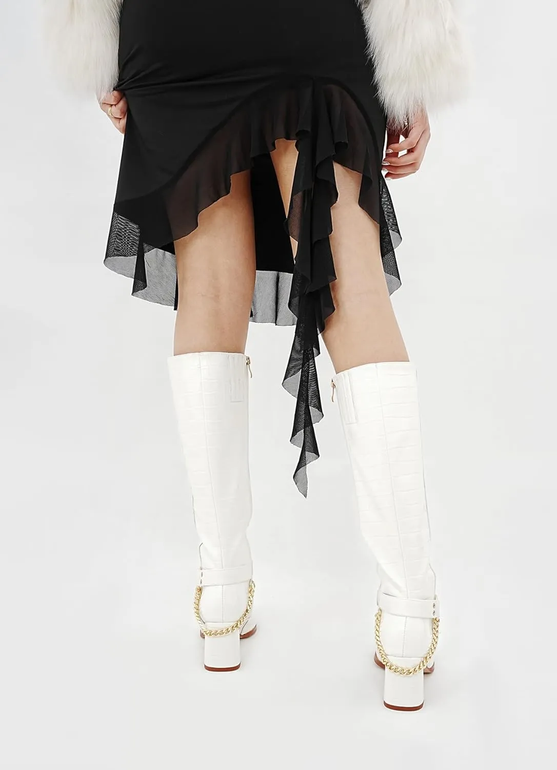 Oh Mispares Knee High Boots Slim Calf Square Toe Chunky Heel Narrow Calves Boots for Women Skinny Legs - Faux Leather Fall Winter Dress Riding Moto Tall 3 Inches Heels Boots for Girls