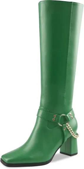 Oh Mispares Knee High Boots Slim Calf Square Toe Chunky Heel Narrow Calves Boots for Women Skinny Legs - Faux Leather Fall Winter Dress Riding Moto Tall 3 Inches Heels Boots for Girls