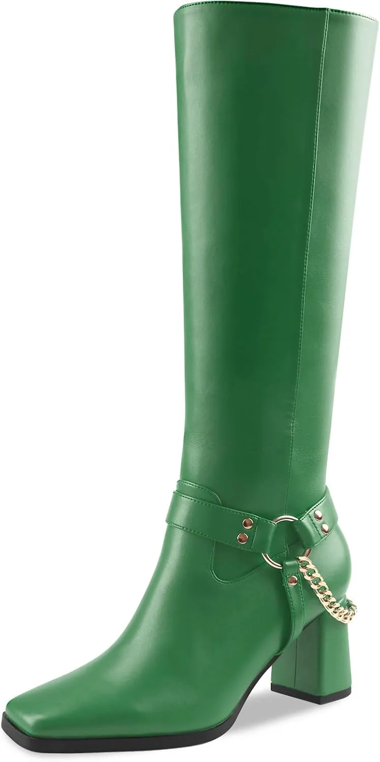 Oh Mispares Knee High Boots Slim Calf Square Toe Chunky Heel Narrow Calves Boots for Women Skinny Legs - Faux Leather Fall Winter Dress Riding Moto Tall 3 Inches Heels Boots for Girls