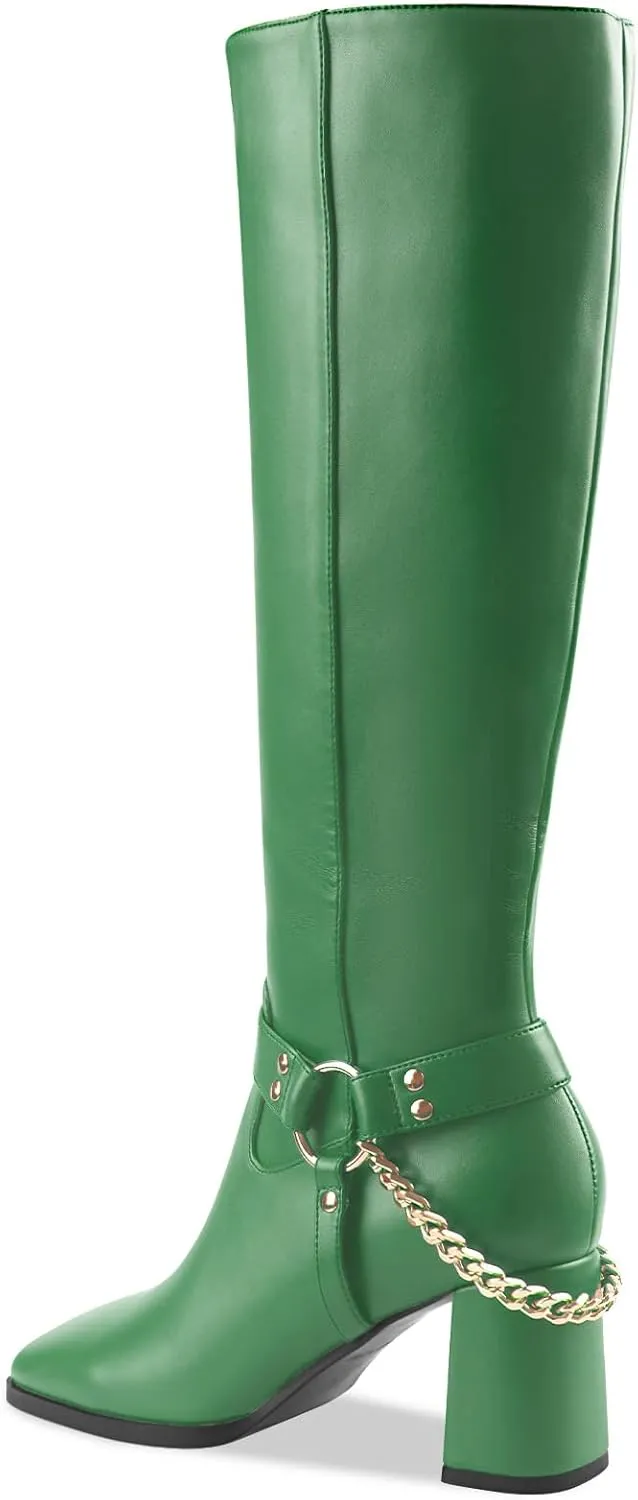 Oh Mispares Knee High Boots Slim Calf Square Toe Chunky Heel Narrow Calves Boots for Women Skinny Legs - Faux Leather Fall Winter Dress Riding Moto Tall 3 Inches Heels Boots for Girls