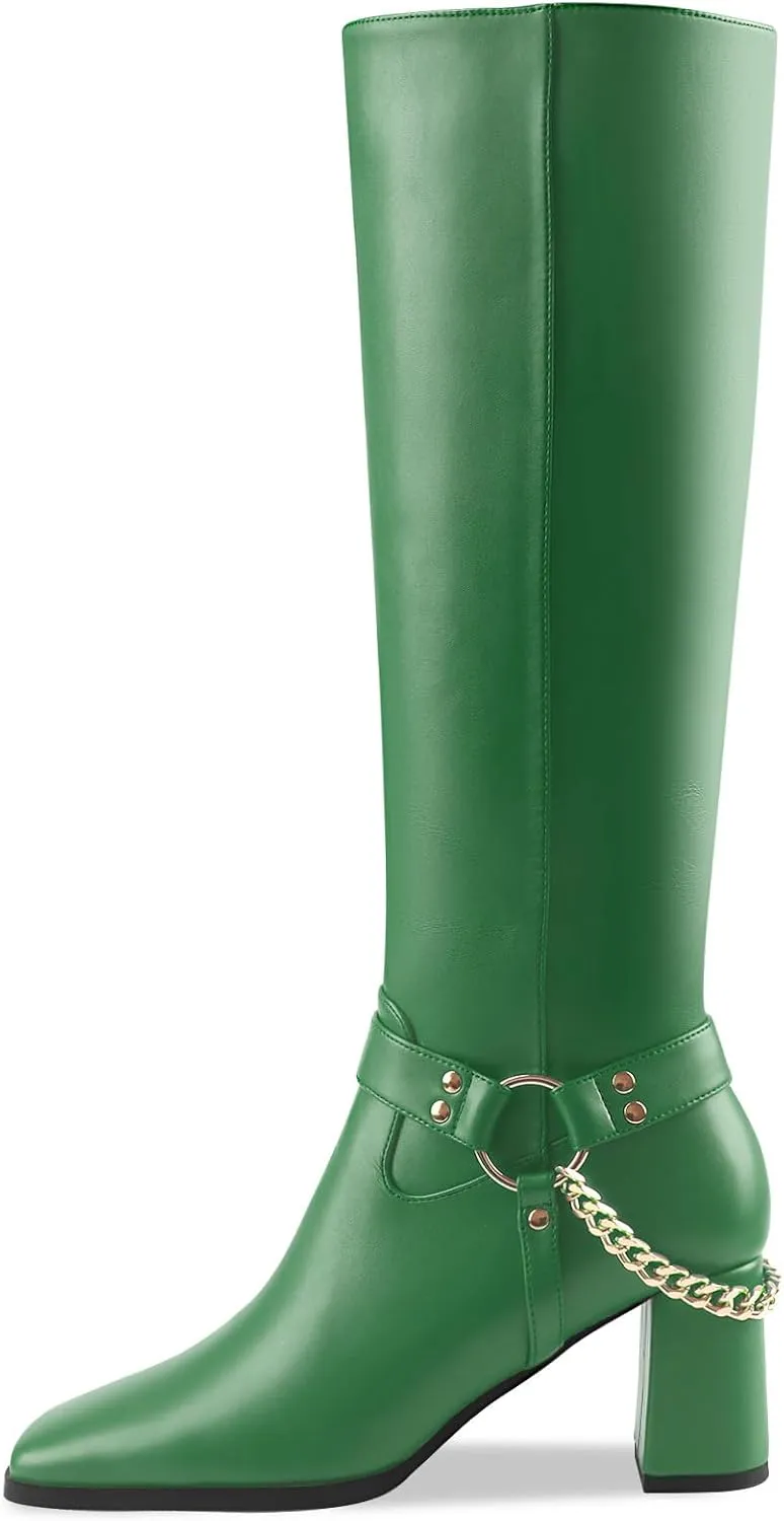 Oh Mispares Knee High Boots Slim Calf Square Toe Chunky Heel Narrow Calves Boots for Women Skinny Legs - Faux Leather Fall Winter Dress Riding Moto Tall 3 Inches Heels Boots for Girls