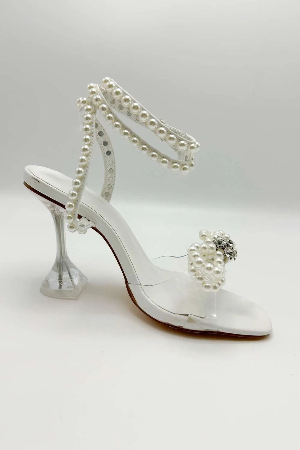 Pearlie Perspex Faux Pearl Bow Detail Heeled Sandals in White