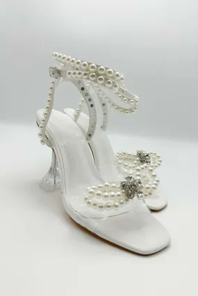 Pearlie Perspex Faux Pearl Bow Detail Heeled Sandals in White