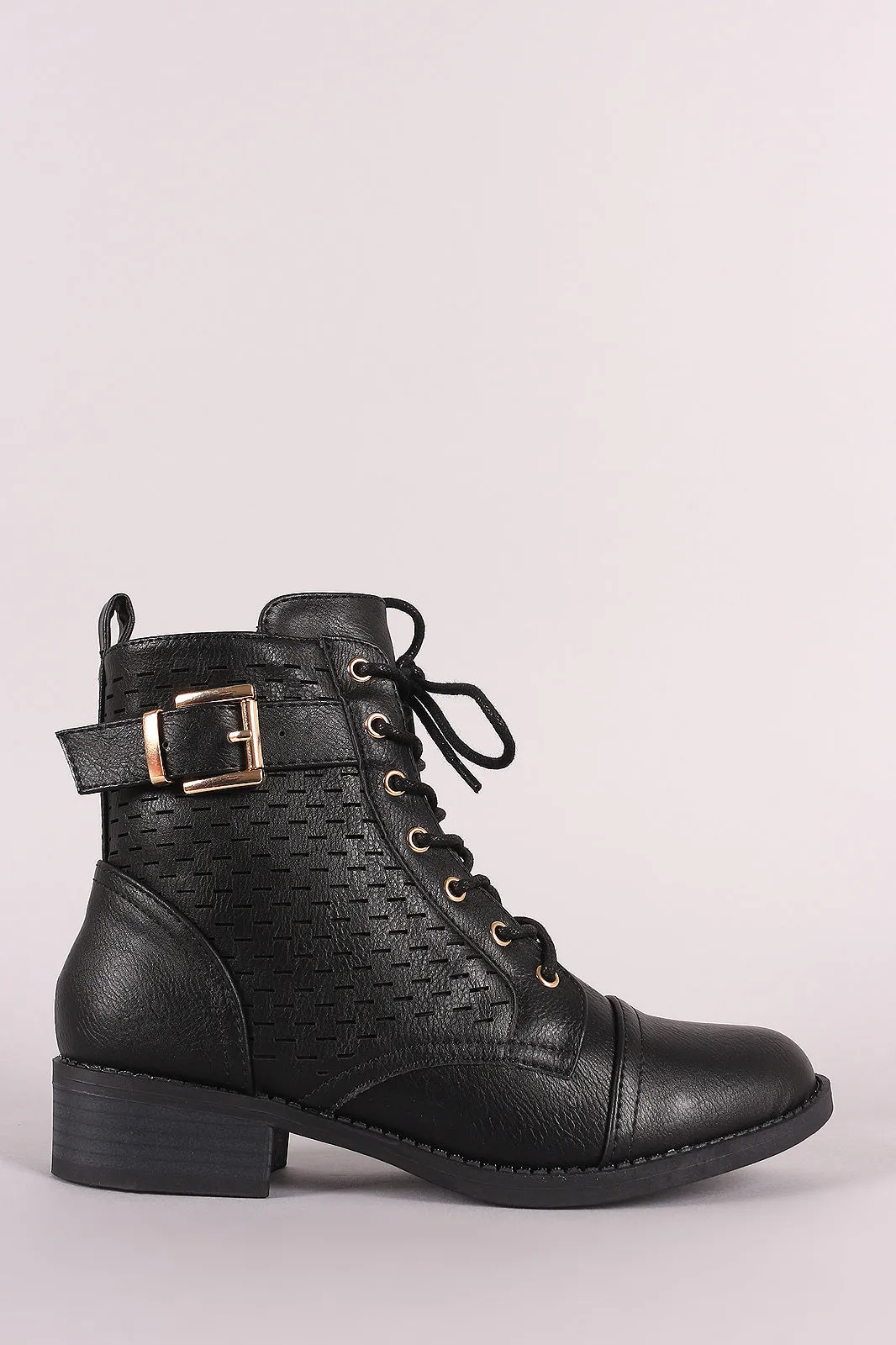 Perforated Buckled Lace Up Combat Ankle Boots