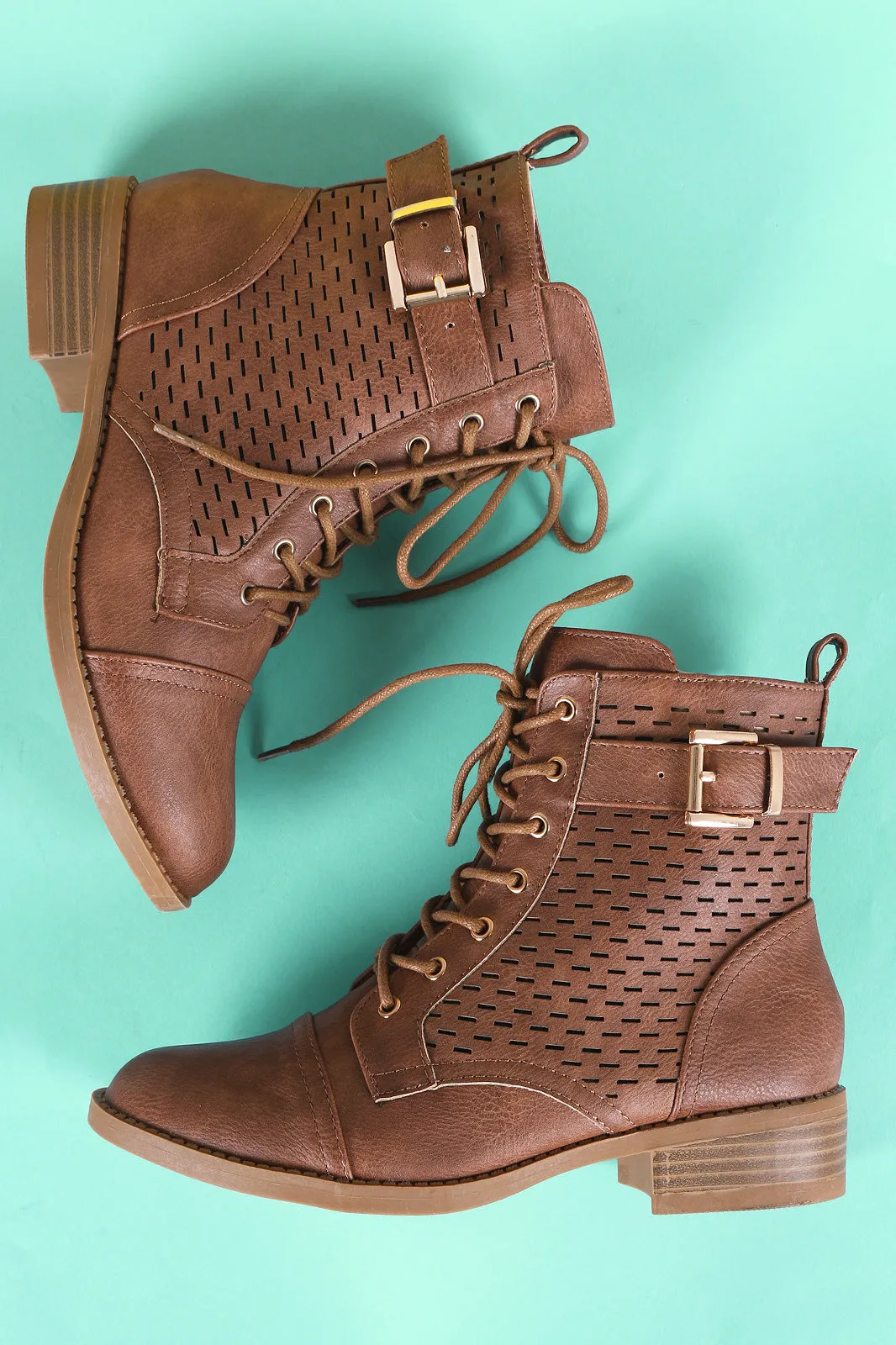 Perforated Buckled Lace Up Combat Ankle Boots