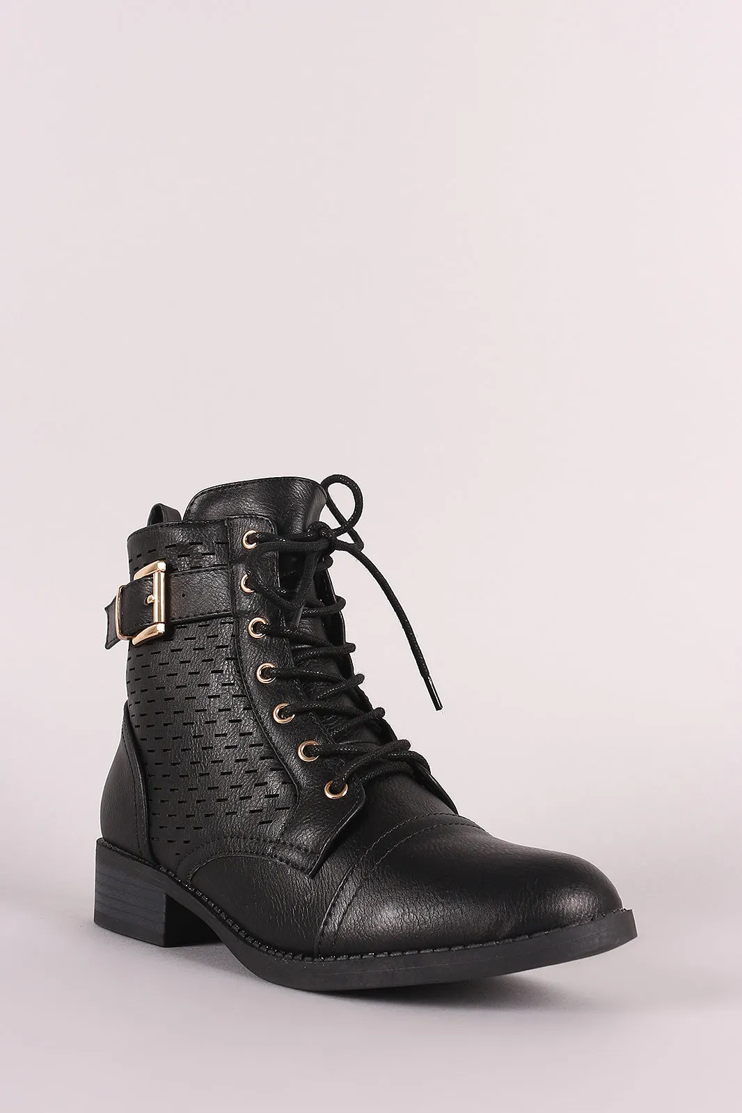 Perforated Buckled Lace Up Combat Ankle Boots