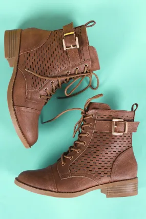Perforated Buckled Lace Up Combat Ankle Boots