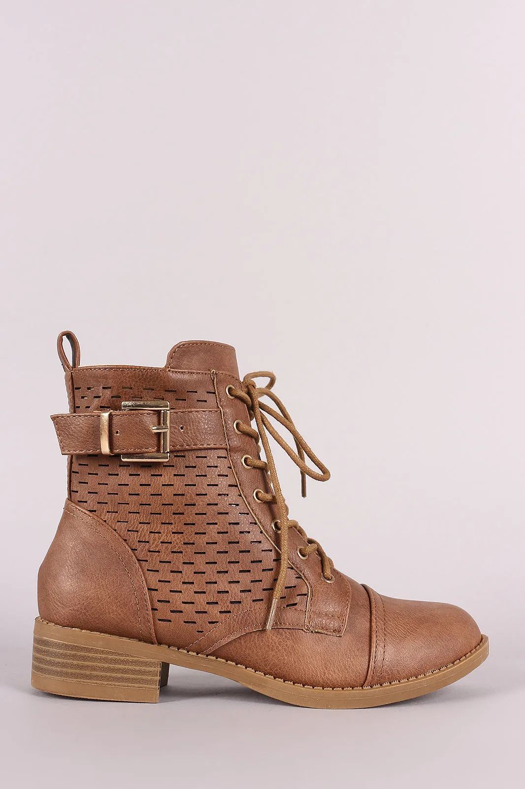 Perforated Buckled Lace Up Combat Ankle Boots