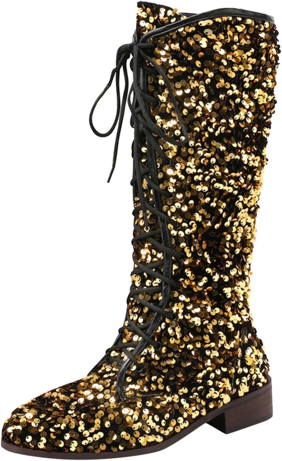Platform Boots Women's Shiny Sequin Mid Calf Boots Lace-Up Cowgirl Party Boots Long Tall Flats Cowboy Booties