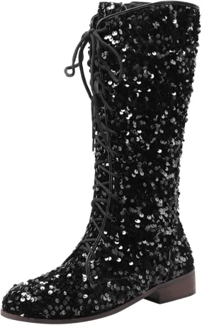 Platform Boots Women's Shiny Sequin Mid Calf Boots Lace-Up Cowgirl Party Boots Long Tall Flats Cowboy Booties