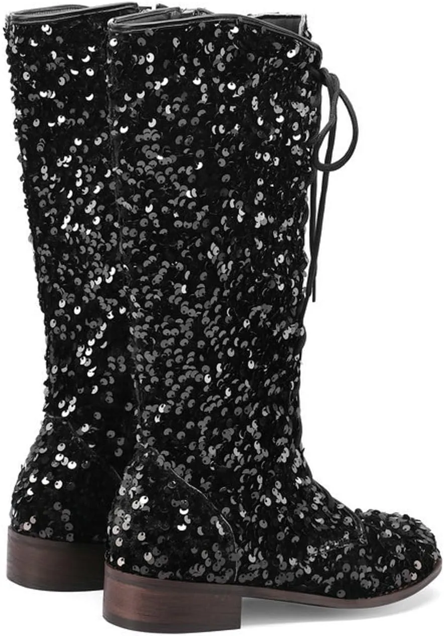 Platform Boots Women's Shiny Sequin Mid Calf Boots Lace-Up Cowgirl Party Boots Long Tall Flats Cowboy Booties