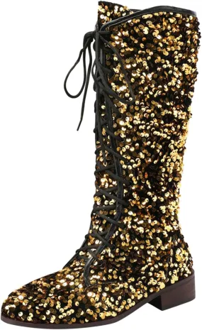 Platform Boots Women's Shiny Sequin Mid Calf Boots Lace-Up Cowgirl Party Boots Long Tall Flats Cowboy Booties