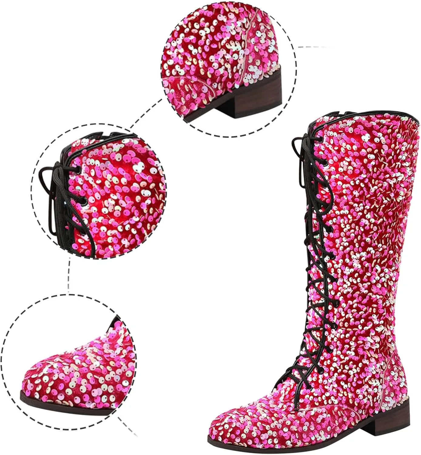 Platform Boots Women's Shiny Sequin Mid Calf Boots Lace-Up Cowgirl Party Boots Long Tall Flats Cowboy Booties