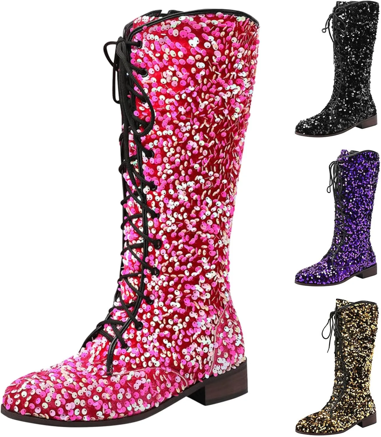 Platform Boots Women's Shiny Sequin Mid Calf Boots Lace-Up Cowgirl Party Boots Long Tall Flats Cowboy Booties