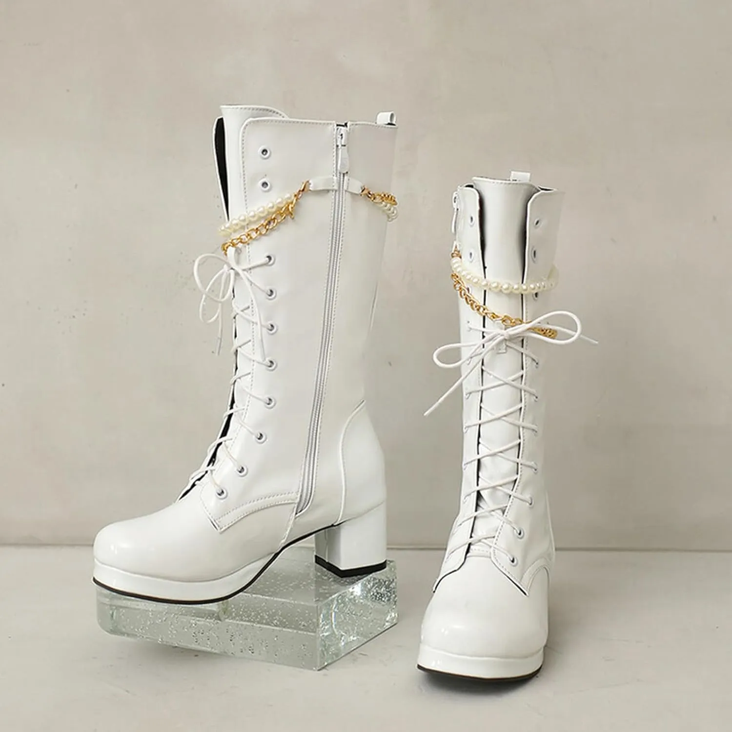 Platform Boots Women's Y2K Mid Calf Combat Boots Platform Lace-Up Thick Sole Zipper Casual Long Outdoor Bootie