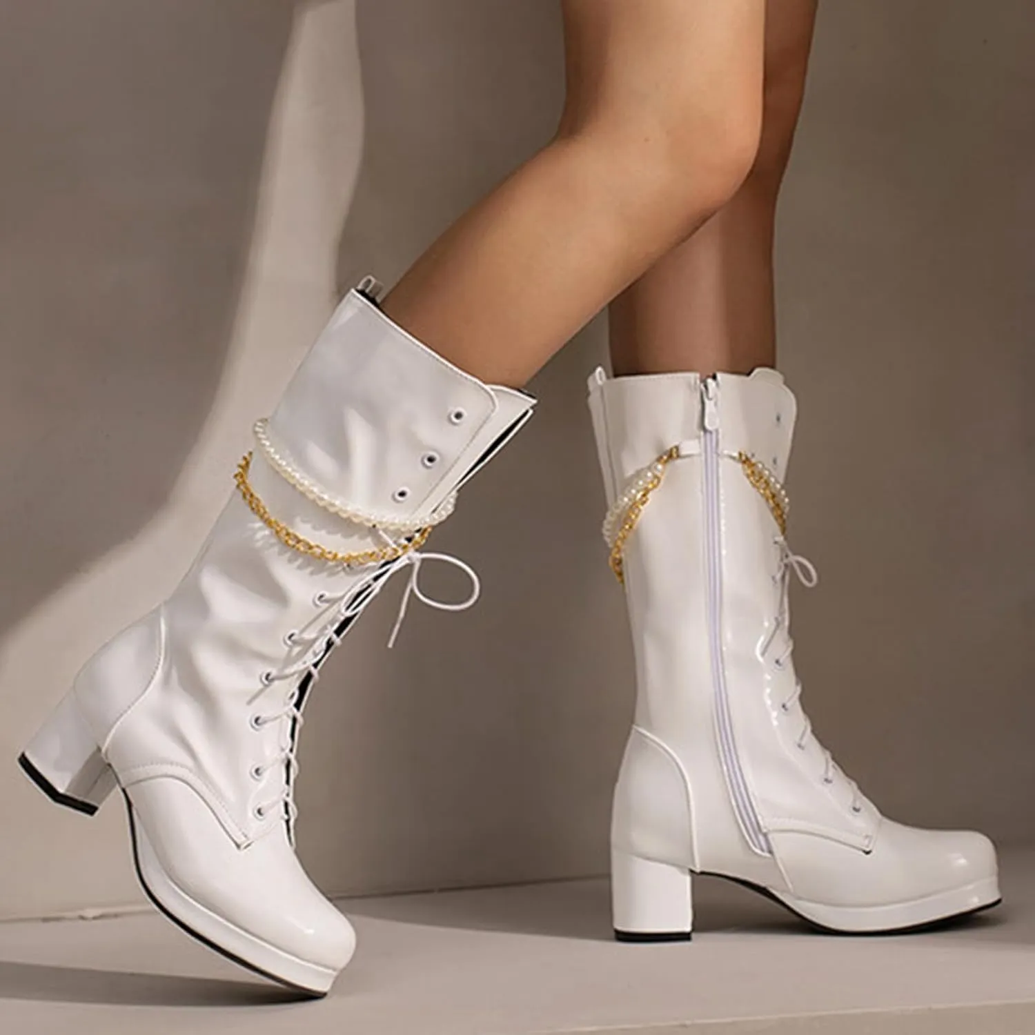 Platform Boots Women's Y2K Mid Calf Combat Boots Platform Lace-Up Thick Sole Zipper Casual Long Outdoor Bootie