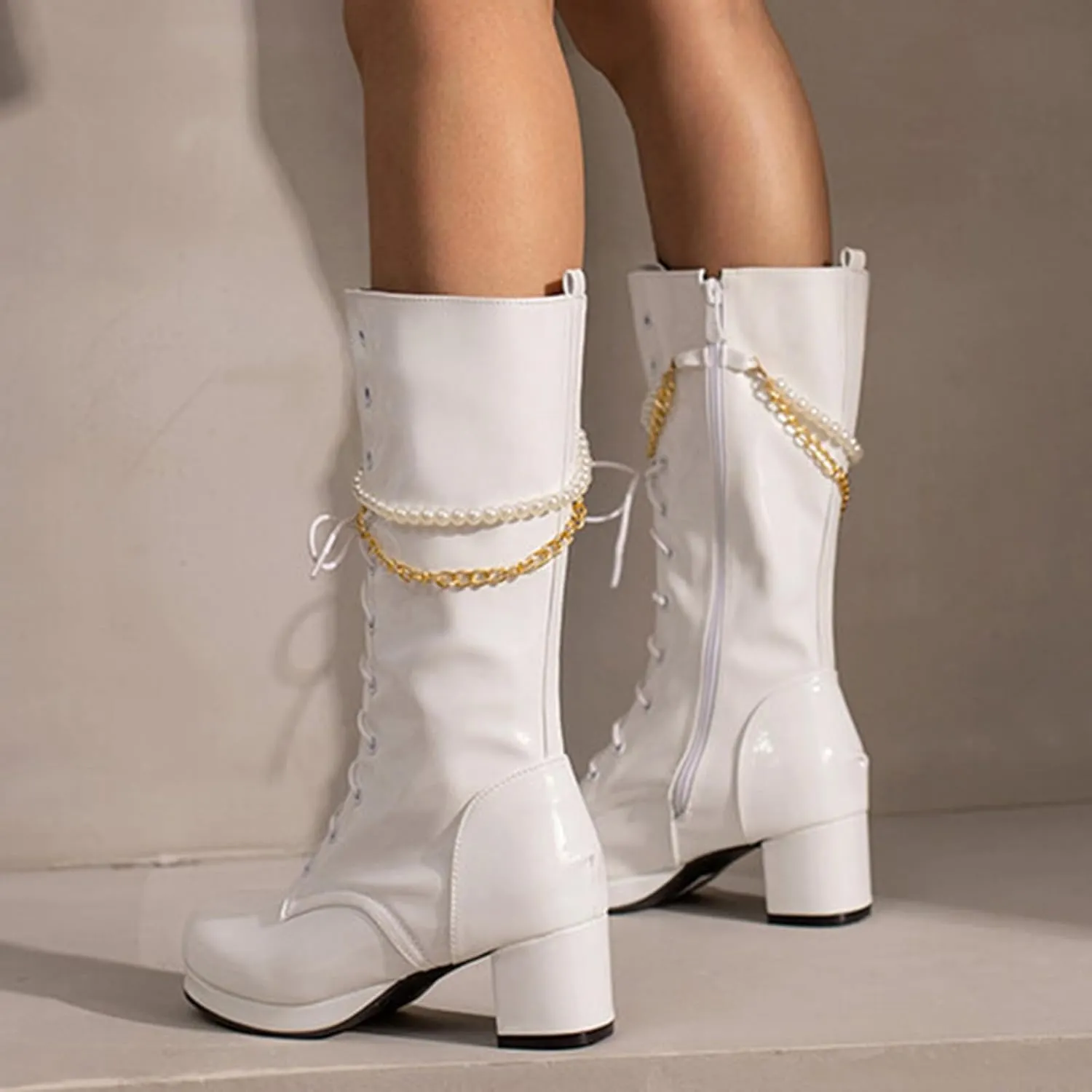 Platform Boots Women's Y2K Mid Calf Combat Boots Platform Lace-Up Thick Sole Zipper Casual Long Outdoor Bootie