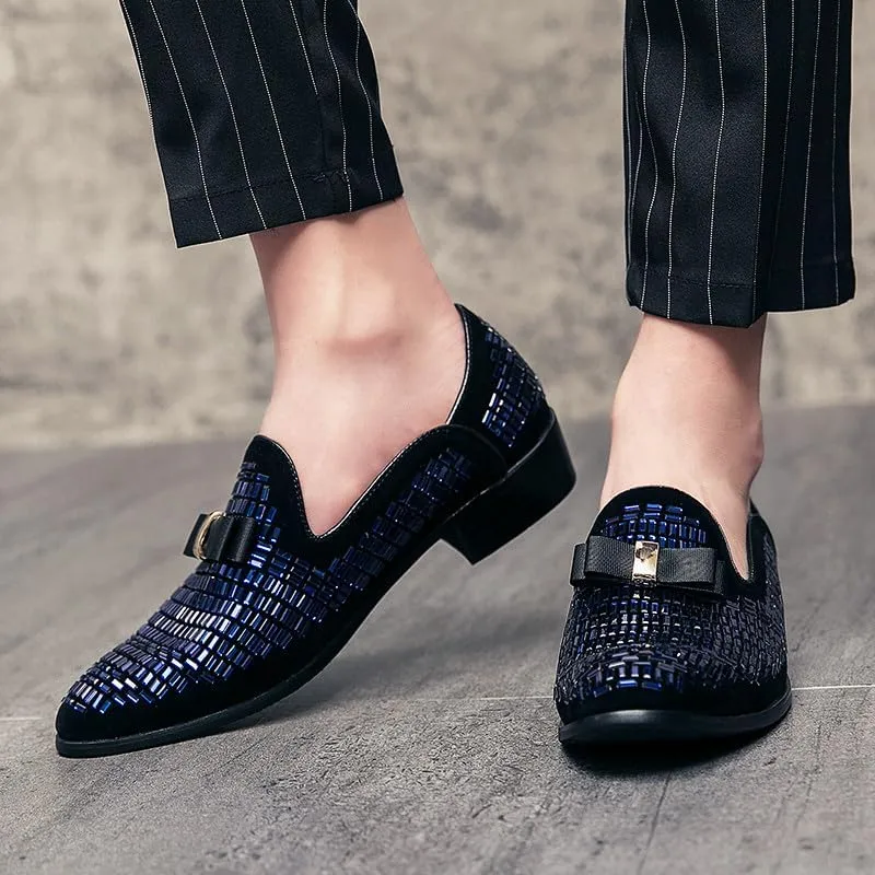 Santimon Men's Leather Loafers Rhinestone Formal Dress Shoes Banquet with Bowtie Penny Flats Slip-On Prom Wedding Tuxedo Shoes