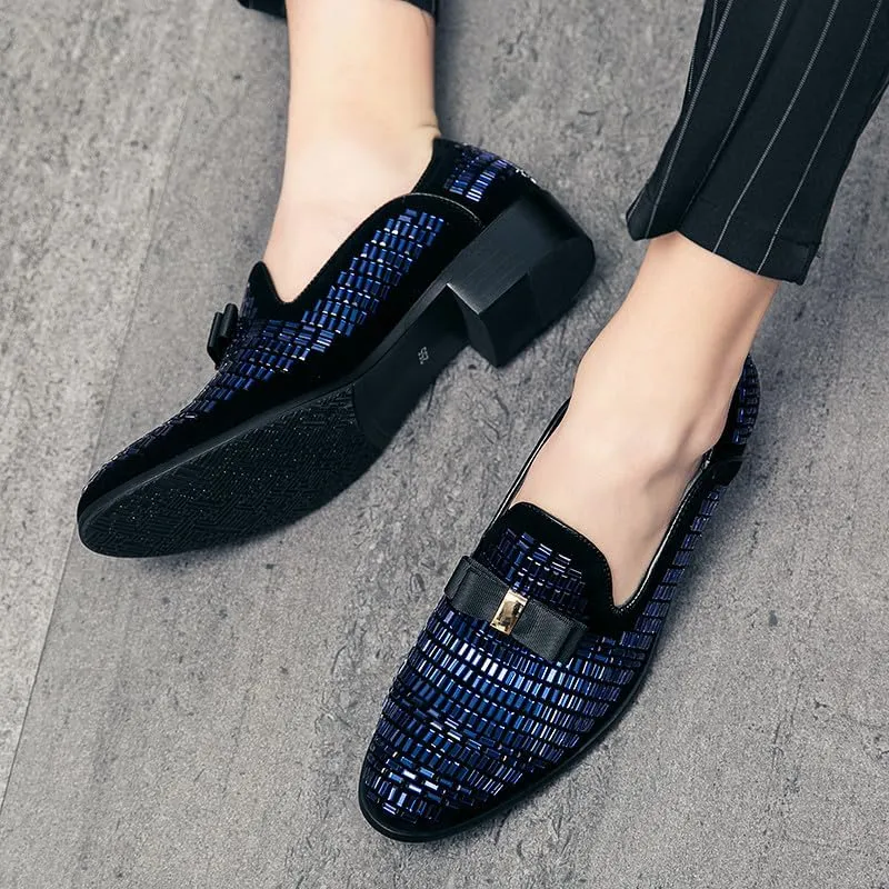 Santimon Men's Leather Loafers Rhinestone Formal Dress Shoes Banquet with Bowtie Penny Flats Slip-On Prom Wedding Tuxedo Shoes