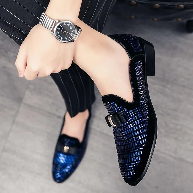 Santimon Men's Leather Loafers Rhinestone Formal Dress Shoes Banquet with Bowtie Penny Flats Slip-On Prom Wedding Tuxedo Shoes