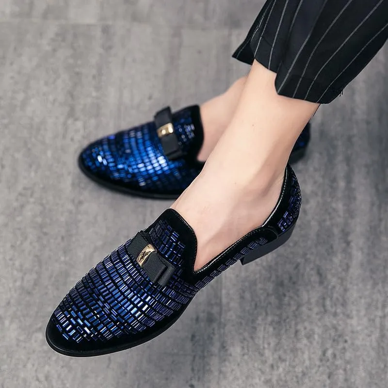 Santimon Men's Leather Loafers Rhinestone Formal Dress Shoes Banquet with Bowtie Penny Flats Slip-On Prom Wedding Tuxedo Shoes