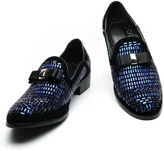 Santimon Men's Leather Loafers Rhinestone Formal Dress Shoes Banquet with Bowtie Penny Flats Slip-On Prom Wedding Tuxedo Shoes