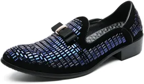 Santimon Men's Leather Loafers Rhinestone Formal Dress Shoes Banquet with Bowtie Penny Flats Slip-On Prom Wedding Tuxedo Shoes