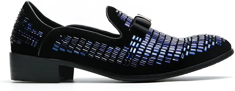 Santimon Men's Leather Loafers Rhinestone Formal Dress Shoes Banquet with Bowtie Penny Flats Slip-On Prom Wedding Tuxedo Shoes