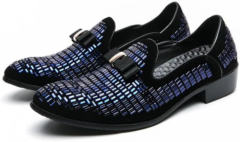 Santimon Men's Leather Loafers Rhinestone Formal Dress Shoes Banquet with Bowtie Penny Flats Slip-On Prom Wedding Tuxedo Shoes