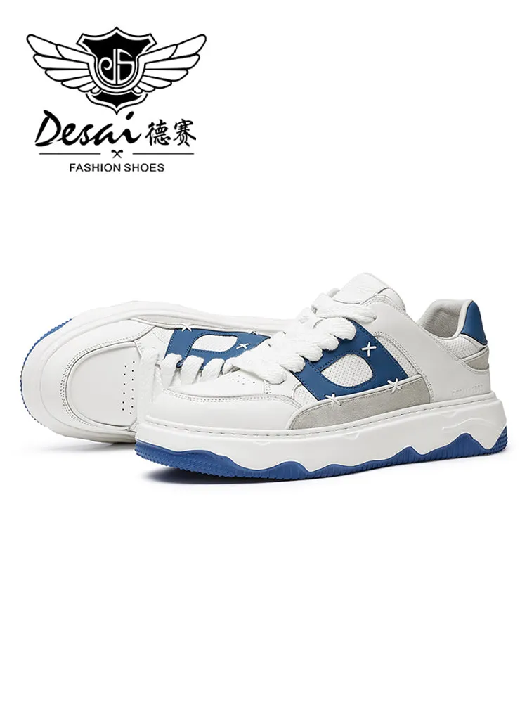 TNV Men shoes Sneakers fashion versatile real cowhide leather Coloful shoes Hand Stitching White Blue Breathable Comfortable Light DS3376
