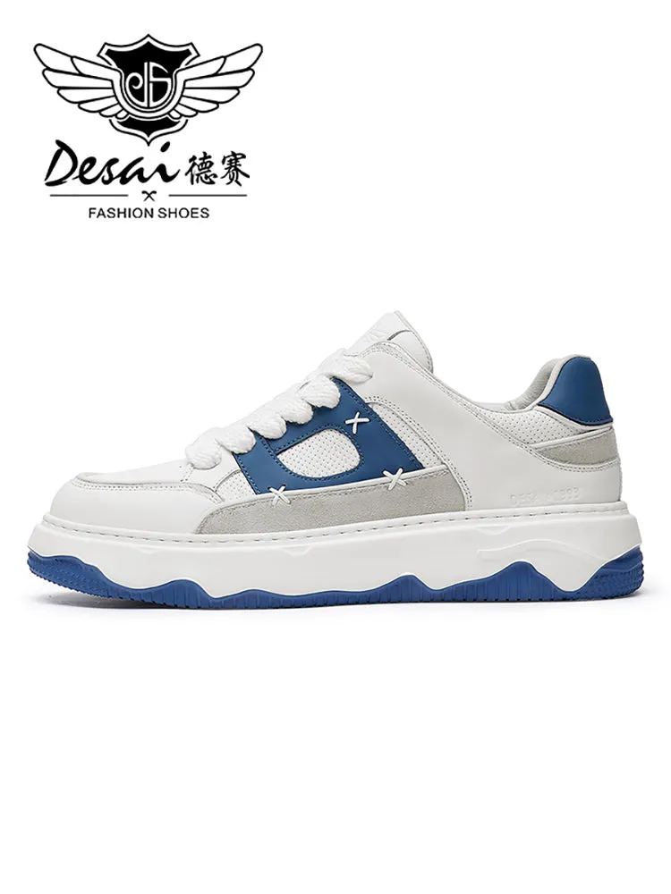 TNV Men shoes Sneakers fashion versatile real cowhide leather Coloful shoes Hand Stitching White Blue Breathable Comfortable Light DS3376