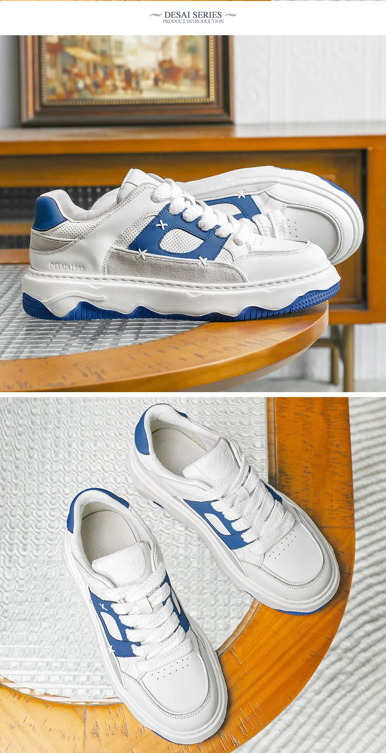 TNV Men shoes Sneakers fashion versatile real cowhide leather Coloful shoes Hand Stitching White Blue Breathable Comfortable Light DS3376