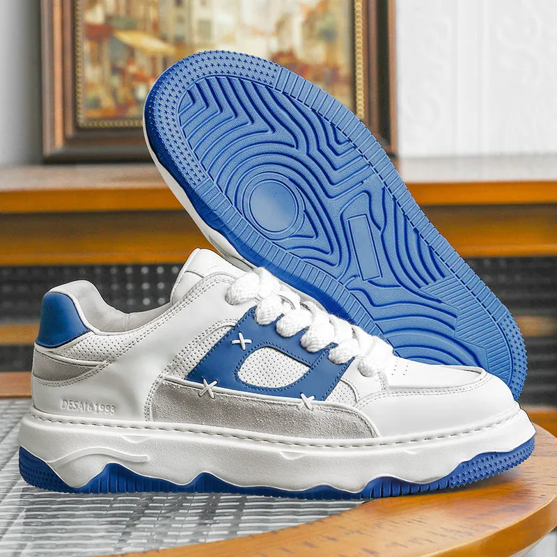 TNV Men shoes Sneakers fashion versatile real cowhide leather Coloful shoes Hand Stitching White Blue Breathable Comfortable Light DS3376