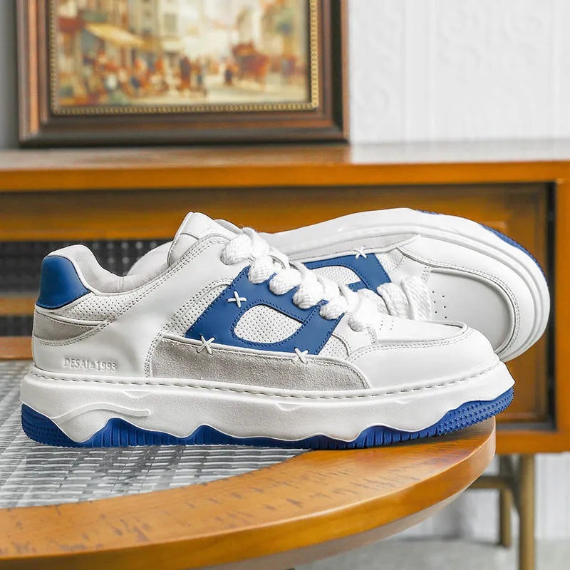 TNV Men shoes Sneakers fashion versatile real cowhide leather Coloful shoes Hand Stitching White Blue Breathable Comfortable Light DS3376