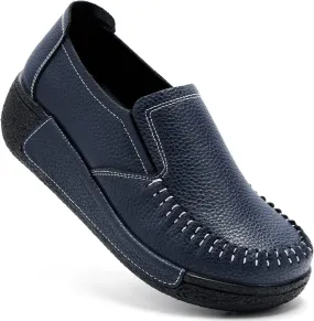 UZB Women's Slip On Loafer Leather Comfort Casual Platform Shoes