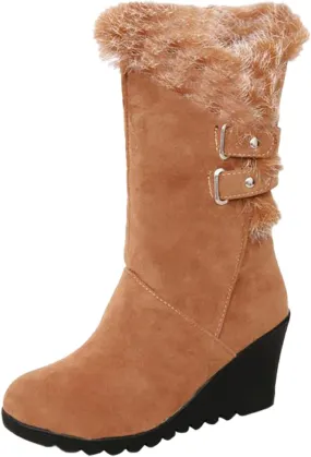 White Cowgirl Boots Comfortable Velvet Wedge Boots Round Toe Suede Lug Sole Thigh High Boots Mid-Calf Boots