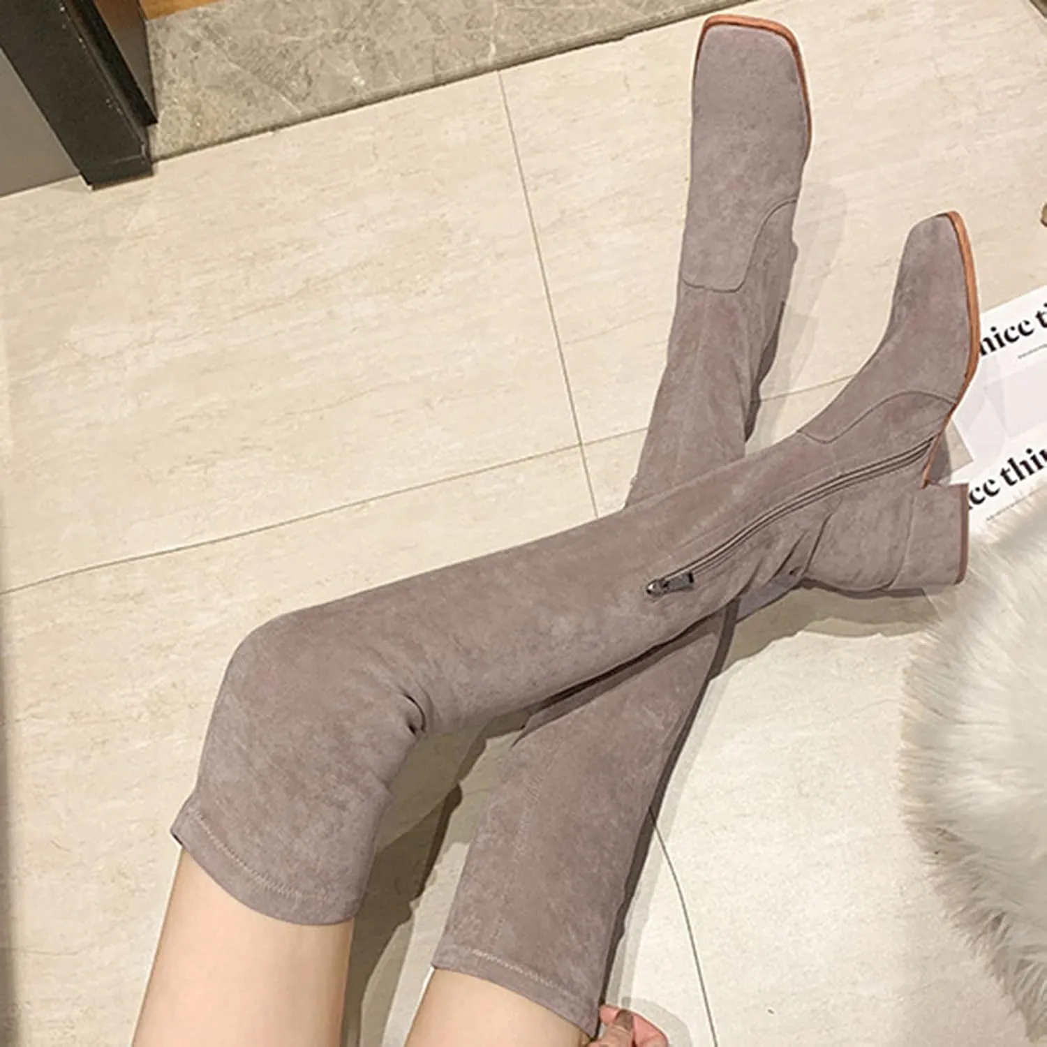 White Cowgirl Boots Square Toe Over Knee Boots Suede Zipper Thigh High Boots Chunky Heeled Tall Long Boots