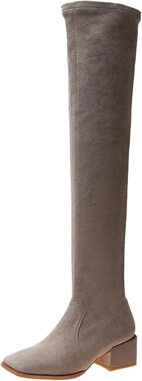 White Cowgirl Boots Square Toe Over Knee Boots Suede Zipper Thigh High Boots Chunky Heeled Tall Long Boots